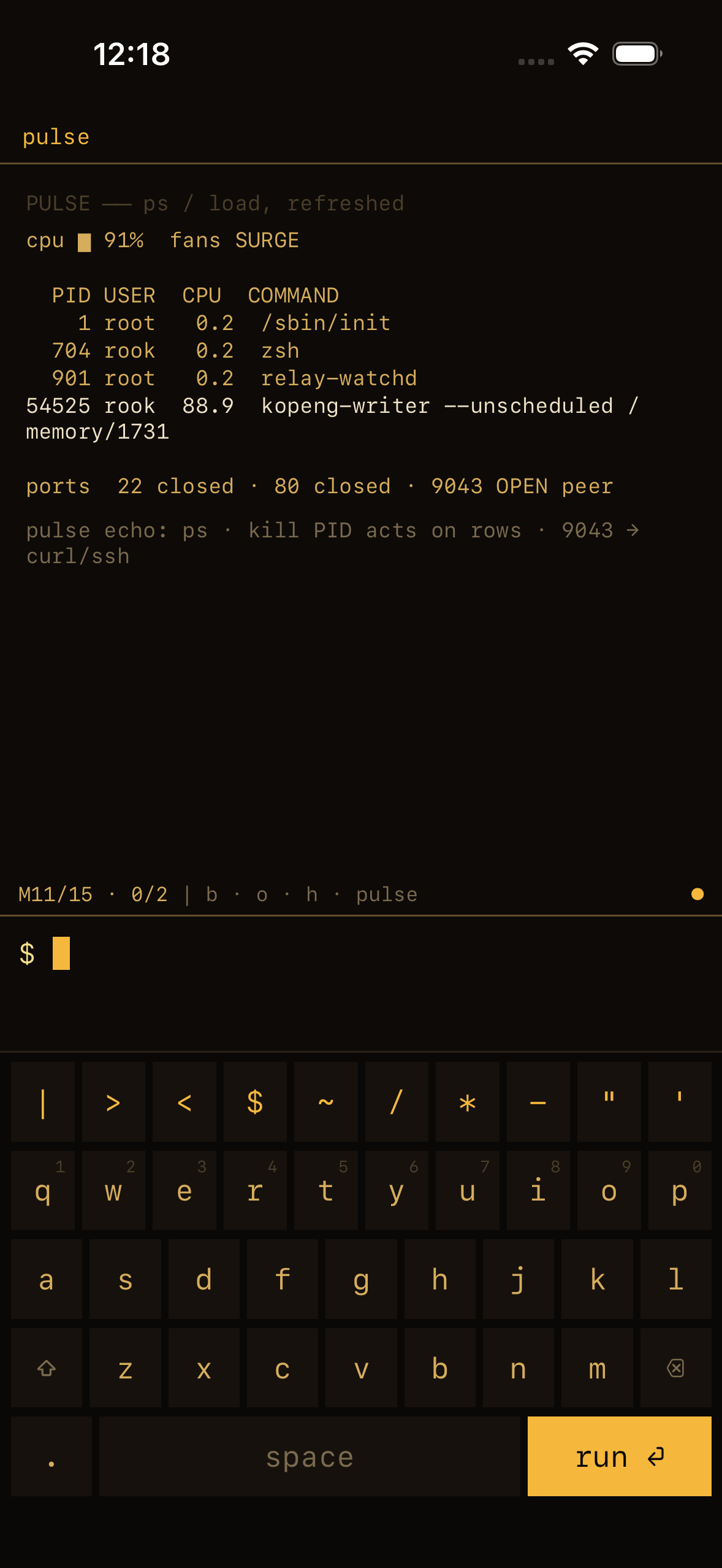 The pulse instrument on iPhone, showing a simulated process table, a CPU load bar at 91 percent, and one open peer port